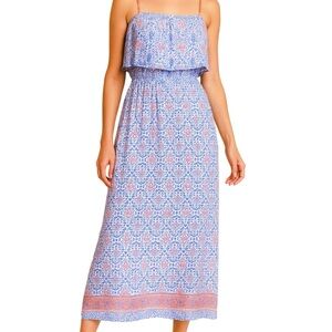 Aquamar Medium Blue Orange Boho Maxi Dress Side Slit Sleeveless Lightweight